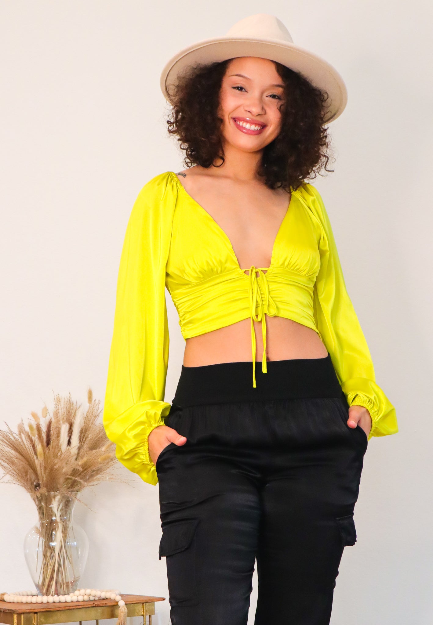 Living in Lime Cropped Satin Top